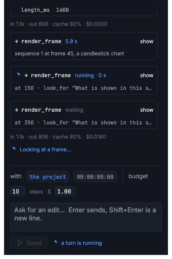 The agent at work: rendering frames, looking at them, with cost, cache and a step budget shown.